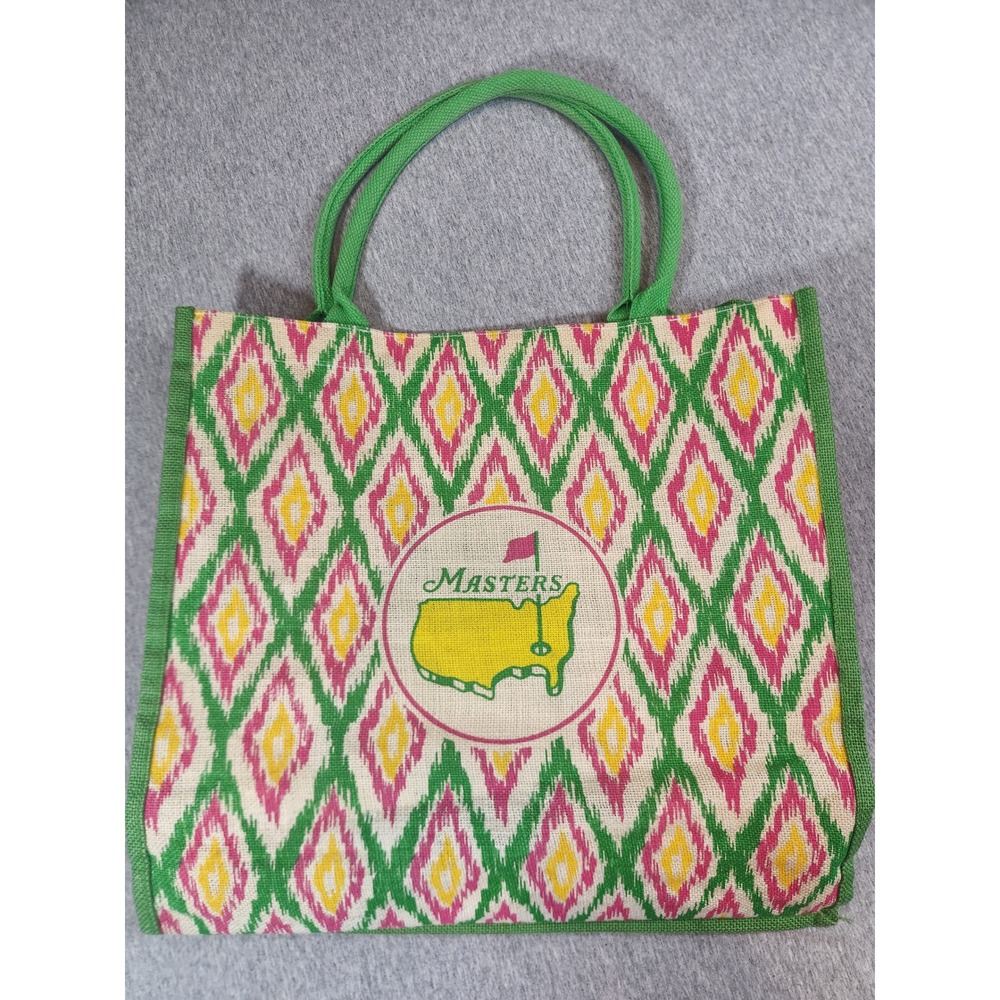 Masters Tote Bag Unisex Large Green Ikat Diamond Jute Burlap Golf Souvenir